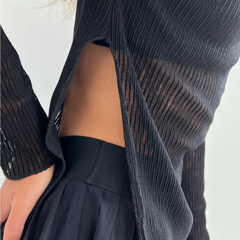 OAK + FORT ASYMMETRICAL SLIT BLACK MESH RIBBED TOP IN SIZE SMALL - Picture 2 of 3